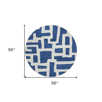 Tabselect Home Line 8' Navy Blue And Ivory Round Abstract Washable Indoor Outdoor Area Rug