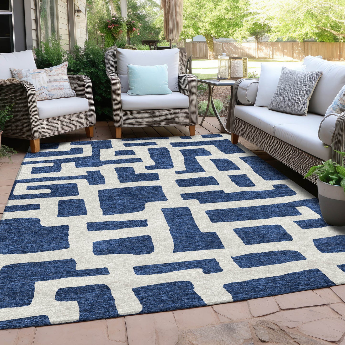 Tabselect Home Line 8' X 10' Navy Blue And Ivory Abstract Washable Indoor Outdoor Area Rug