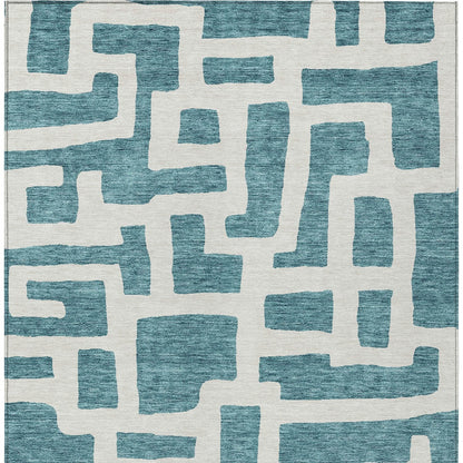 Tabselect Home Line 5' X 8' Teal Blue And Ivory Abstract Washable Indoor Outdoor Area Rug