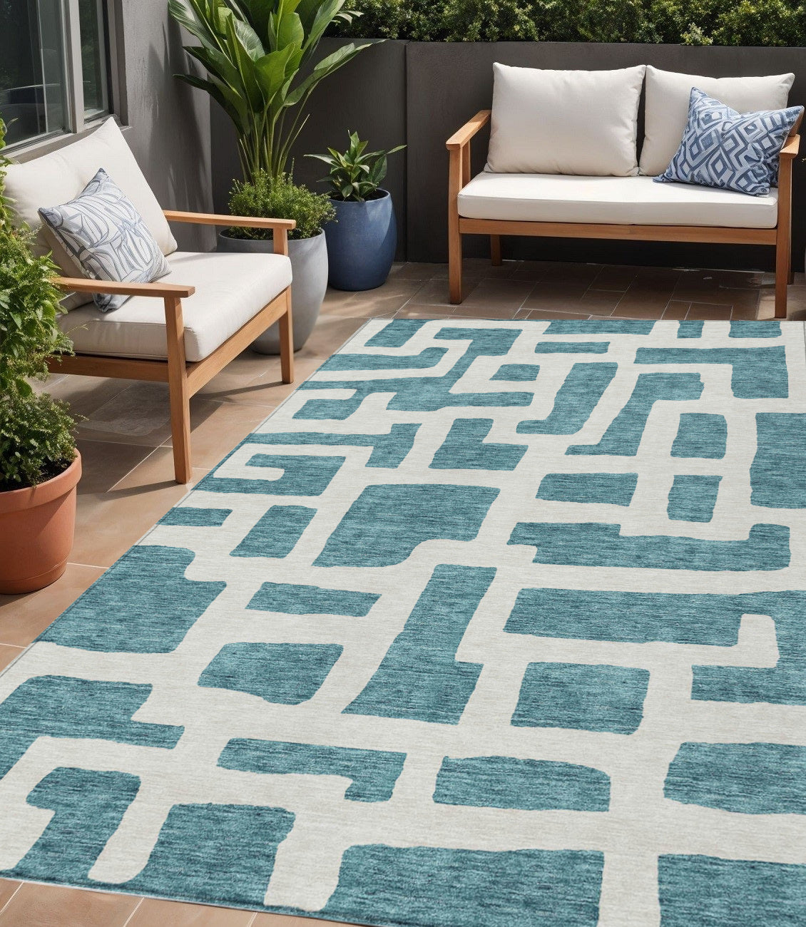 Tabselect Home Line 5' X 8' Teal Blue And Ivory Abstract Washable Indoor Outdoor Area Rug