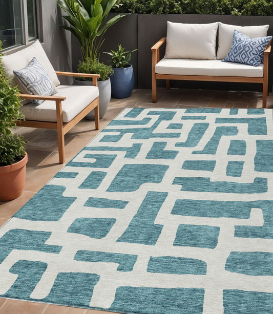 Tabselect Home Line 5' X 8' Teal Blue And Ivory Abstract Washable Indoor Outdoor Area Rug