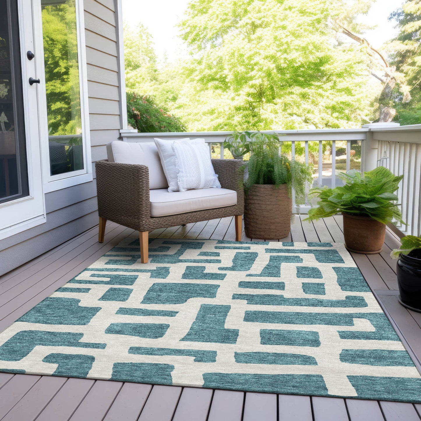 Tabselect Home Line 5' X 8' Teal Blue And Ivory Abstract Washable Indoor Outdoor Area Rug