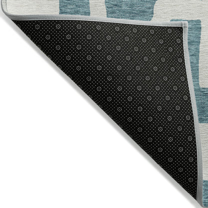 Tabselect Home Line 5' X 8' Teal Blue And Ivory Abstract Washable Indoor Outdoor Area Rug