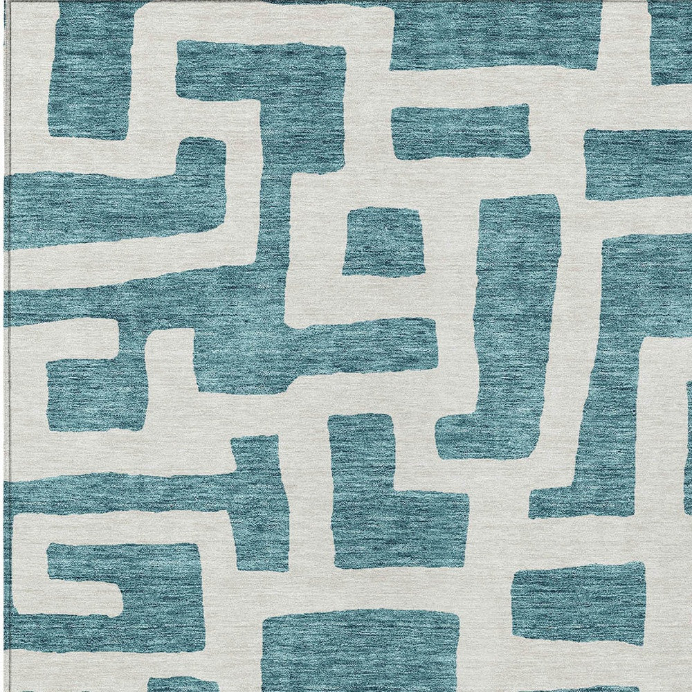 Tabselect Home Line 5' X 8' Teal Blue And Ivory Abstract Washable Indoor Outdoor Area Rug