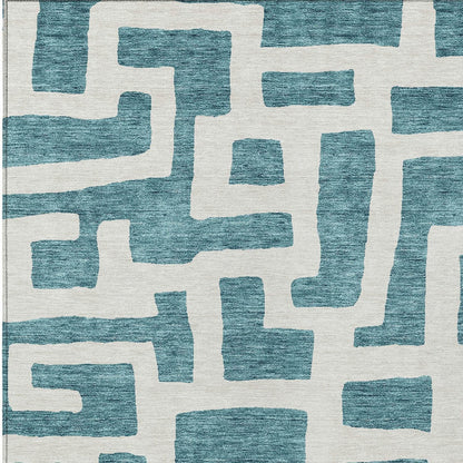 Tabselect Home Line 5' X 8' Teal Blue And Ivory Abstract Washable Indoor Outdoor Area Rug