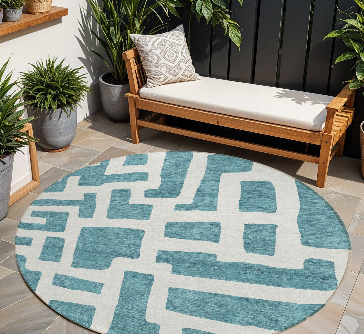 Tabselect Home Line 8' Teal Blue And Ivory Round Abstract Washable Indoor Outdoor Area Rug