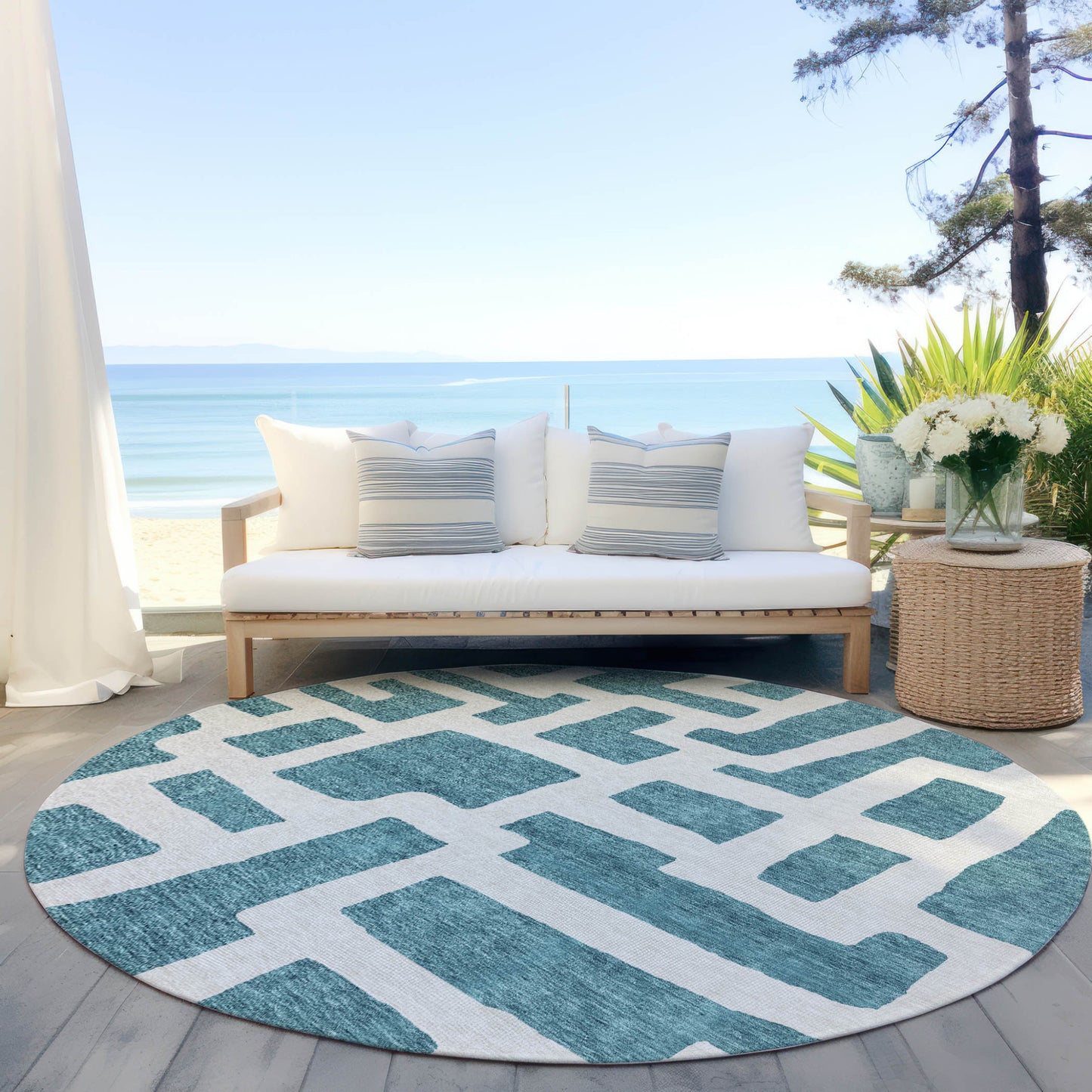 Tabselect Home Line 8' Teal Blue And Ivory Round Abstract Washable Indoor Outdoor Area Rug