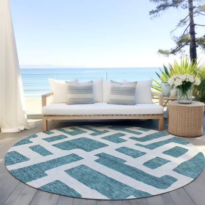 Tabselect Home Line 8' Teal Blue And Ivory Round Abstract Washable Indoor Outdoor Area Rug