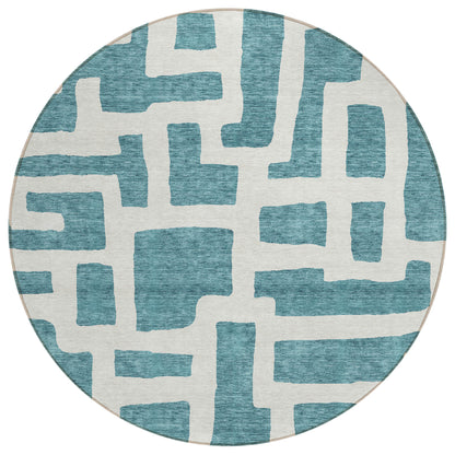 Tabselect Home Line 8' Teal Blue And Ivory Round Abstract Washable Indoor Outdoor Area Rug