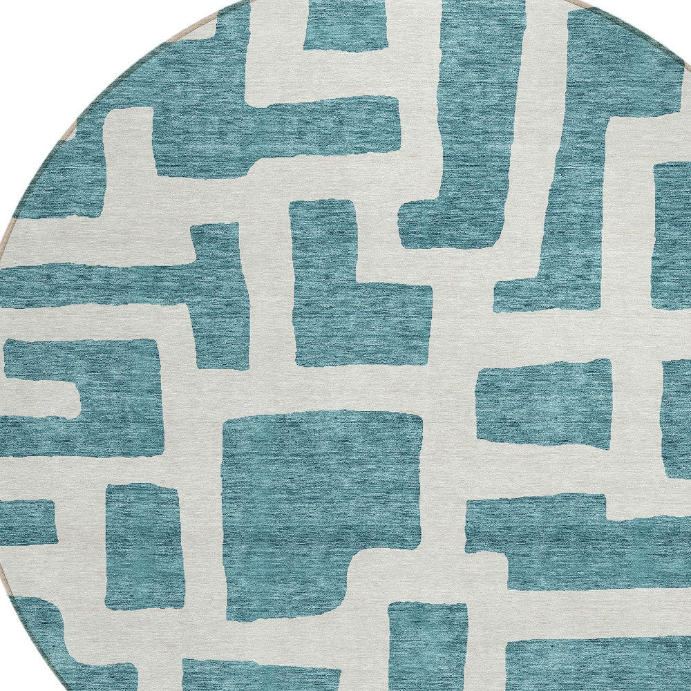 Tabselect Home Line 8' Teal Blue And Ivory Round Abstract Washable Indoor Outdoor Area Rug