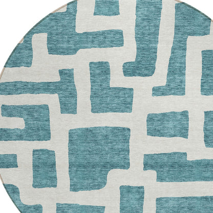 Tabselect Home Line 8' Teal Blue And Ivory Round Abstract Washable Indoor Outdoor Area Rug