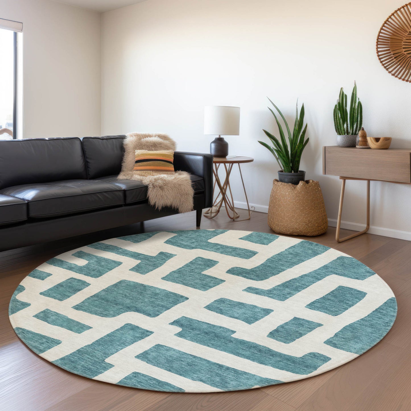 Tabselect Home Line 8' Teal Blue And Ivory Round Abstract Washable Indoor Outdoor Area Rug