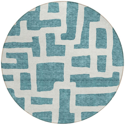 Tabselect Home Line 8' Teal Blue And Ivory Round Abstract Washable Indoor Outdoor Area Rug