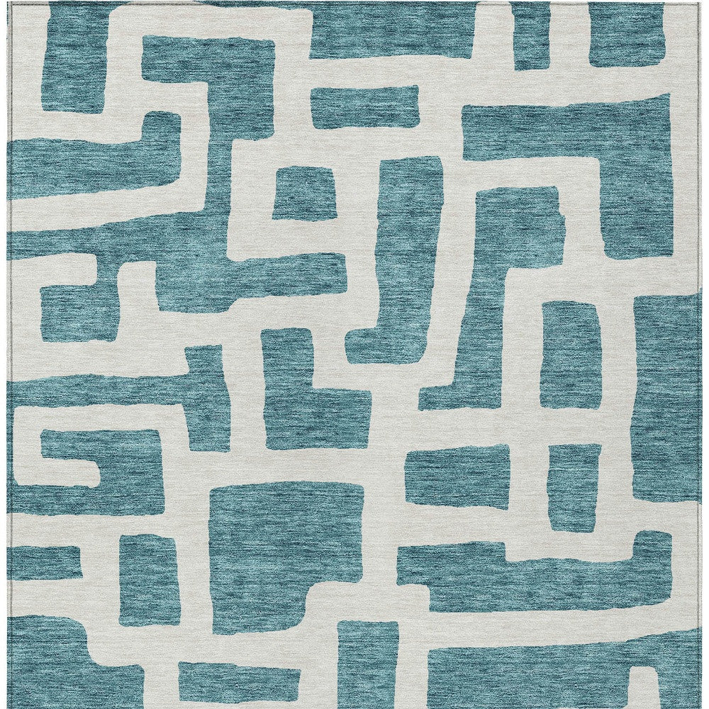 Tabselect Home Line 8' X 10' Teal Blue And Ivory Abstract Washable Indoor Outdoor Area Rug