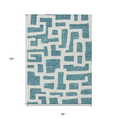Tabselect Home Line 8' X 10' Teal Blue And Ivory Abstract Washable Indoor Outdoor Area Rug