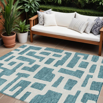Tabselect Home Line 8' X 10' Teal Blue And Ivory Abstract Washable Indoor Outdoor Area Rug