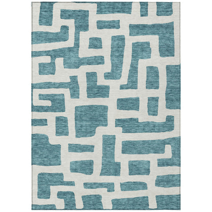 Tabselect Home Line 8' X 10' Teal Blue And Ivory Abstract Washable Indoor Outdoor Area Rug