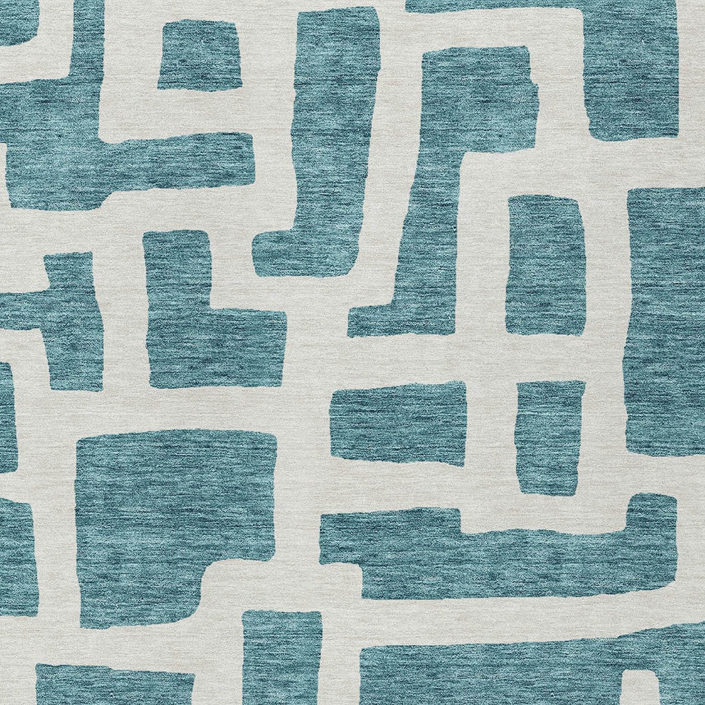 Tabselect Home Line 8' X 10' Teal Blue And Ivory Abstract Washable Indoor Outdoor Area Rug