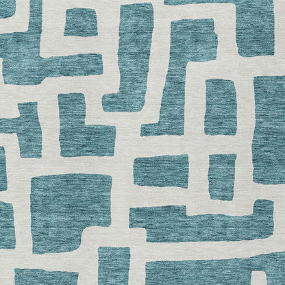 Tabselect Home Line 8' X 10' Teal Blue And Ivory Abstract Washable Indoor Outdoor Area Rug