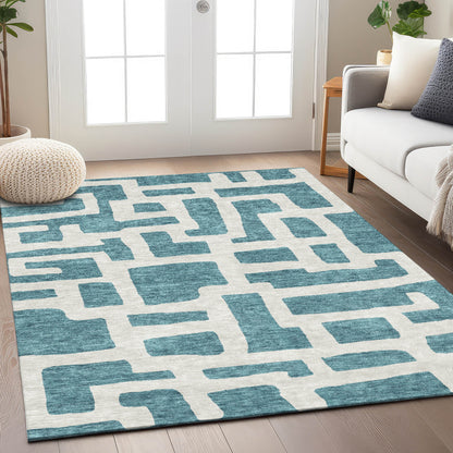 Tabselect Home Line 8' X 10' Teal Blue And Ivory Abstract Washable Indoor Outdoor Area Rug