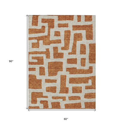 Tabselect Home Line 5' X 8' Terra Cotta And Gray Abstract Washable Indoor Outdoor Area Rug