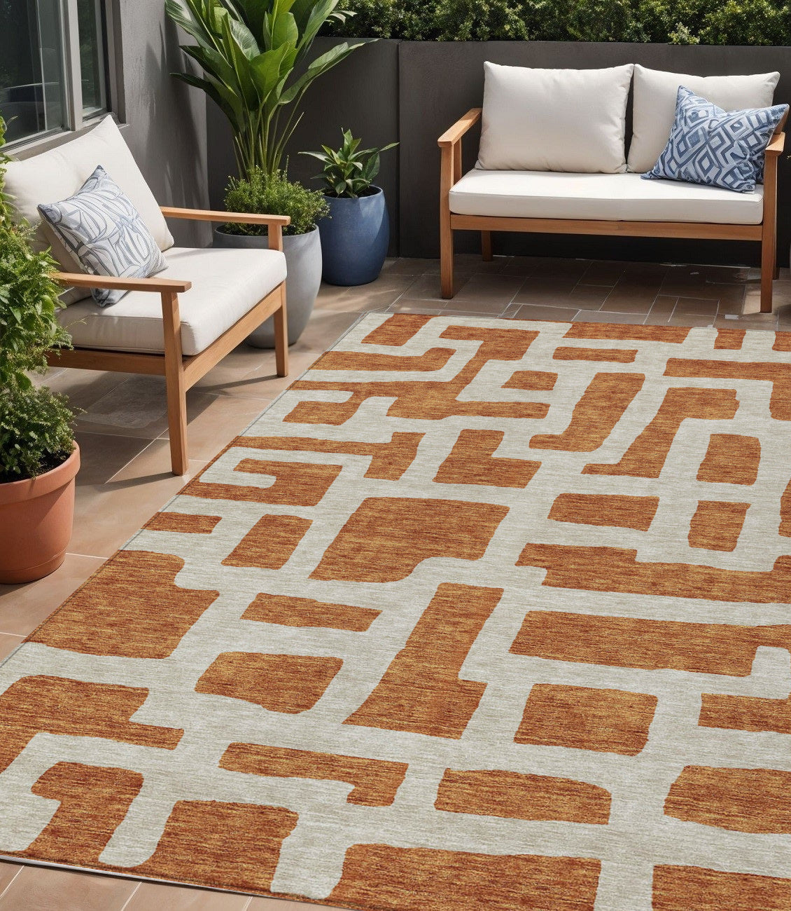 Tabselect Home Line 5' X 8' Terra Cotta And Gray Abstract Washable Indoor Outdoor Area Rug