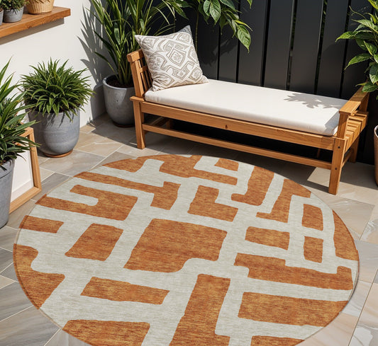 Tabselect Home Line 8' Terra Cotta And Gray Round Abstract Washable Indoor Outdoor Area Rug