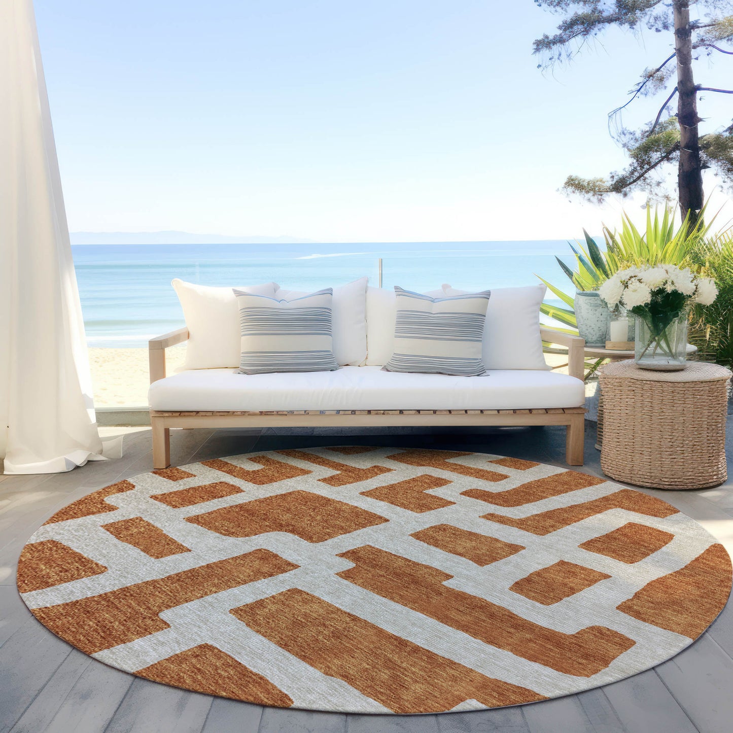Tabselect Home Line 8' Terra Cotta And Gray Round Abstract Washable Indoor Outdoor Area Rug
