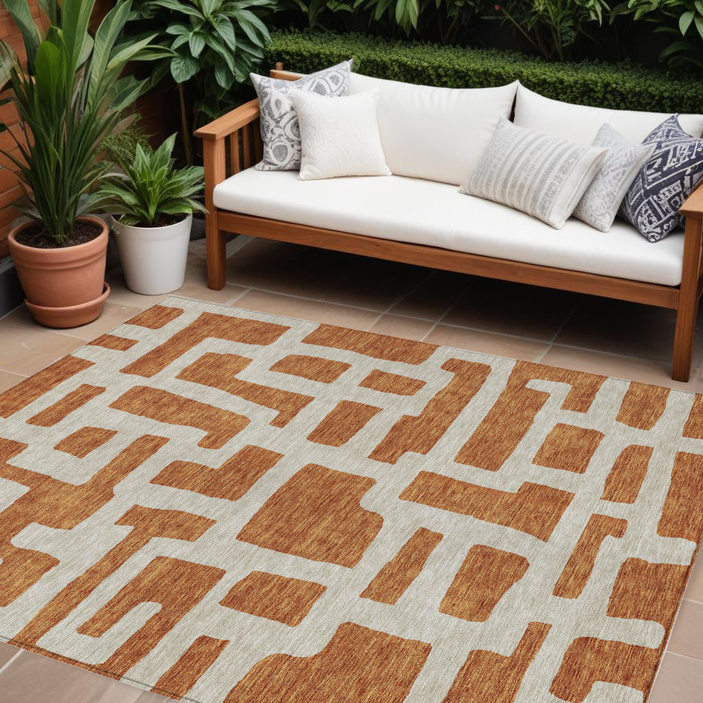 Tabselect Home Line 8' X 10' Terra Cotta And Gray Abstract Washable Indoor Outdoor Area Rug