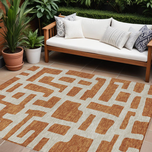 Tabselect Home Line 8' X 10' Terra Cotta And Gray Abstract Washable Indoor Outdoor Area Rug
