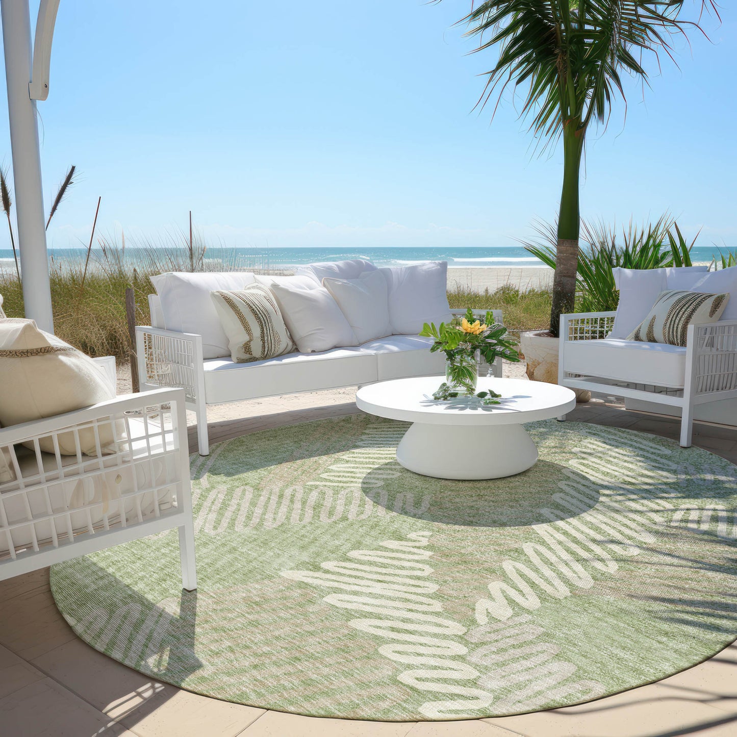 Tabselect Home Line 8' Artichoke Green Brown And Ivory Round Floral Washable Indoor Outdoor Area Rug
