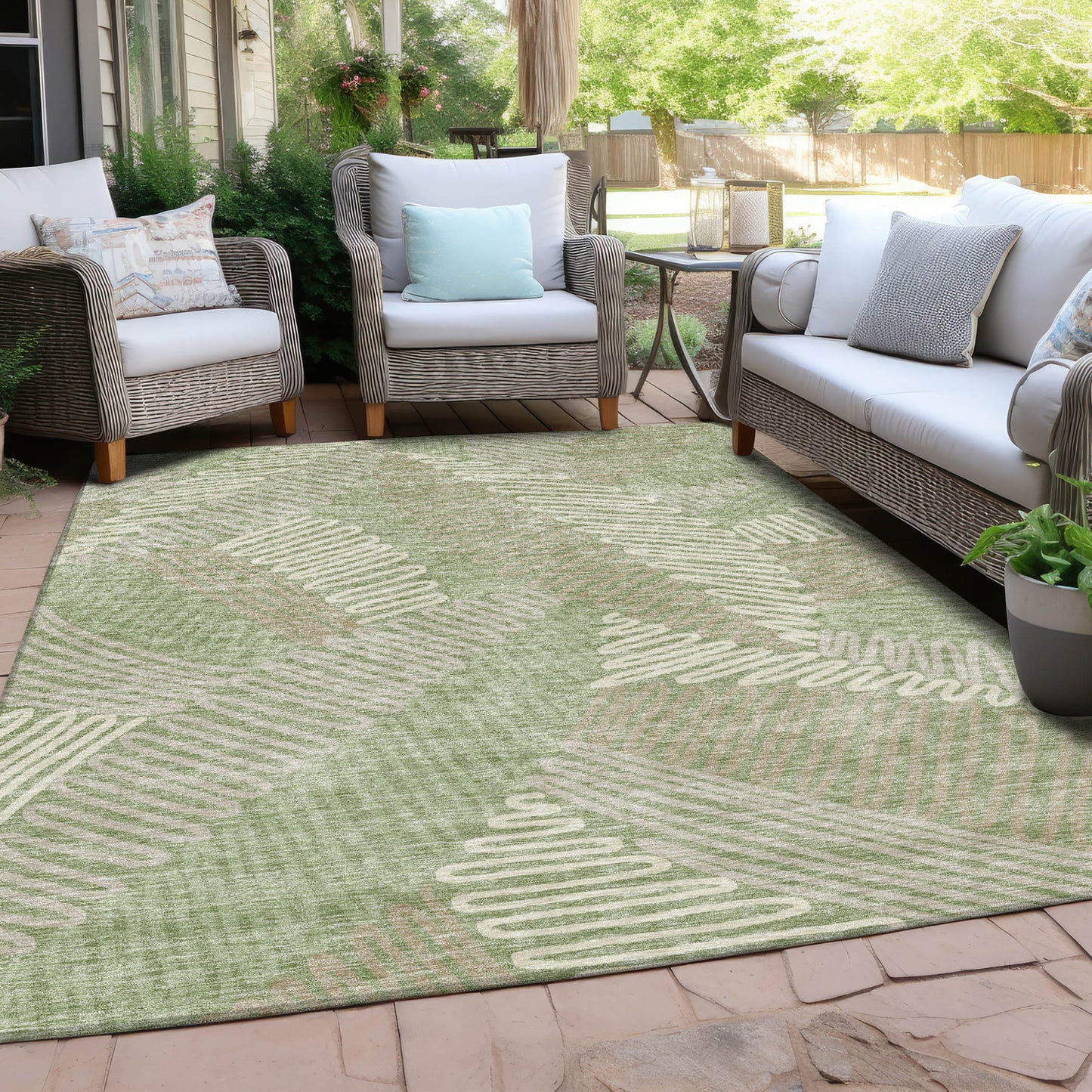 Tabselect Home Line 8' X 10' Artichoke Green Brown And Ivory Floral Washable Indoor Outdoor Area Rug