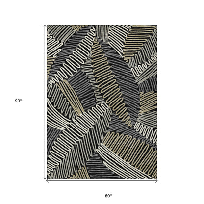 Tabselect Home Line 5' X 8' Black Gray And Ivory Floral Washable Indoor Outdoor Area Rug