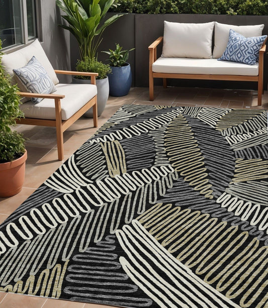 Tabselect Home Line 5' X 8' Black Gray And Ivory Floral Washable Indoor Outdoor Area Rug