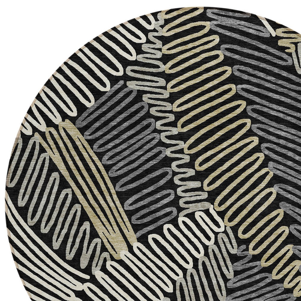 Tabselect Home Line 8' Black Gray And Ivory Round Floral Washable Indoor Outdoor Area Rug