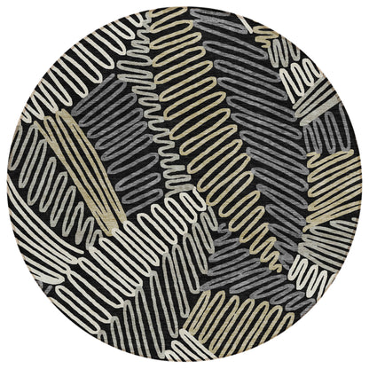 Tabselect Home Line 8' Black Gray And Ivory Round Floral Washable Indoor Outdoor Area Rug