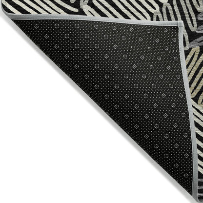 Tabselect Home Line 8' Black Gray And Ivory Round Floral Washable Indoor Outdoor Area Rug