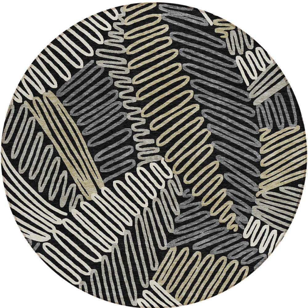 Tabselect Home Line 8' Black Gray And Ivory Round Floral Washable Indoor Outdoor Area Rug