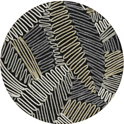 Tabselect Home Line 8' Black Gray And Ivory Round Floral Washable Indoor Outdoor Area Rug