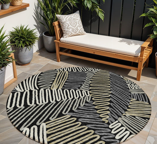 Tabselect Home Line 8' Black Gray And Ivory Round Floral Washable Indoor Outdoor Area Rug