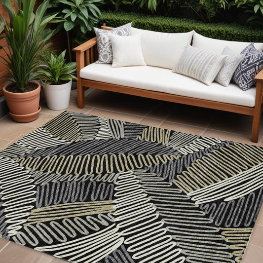 Tabselect Home Line 8' X 10' Black Gray And Ivory Floral Washable Indoor Outdoor Area Rug