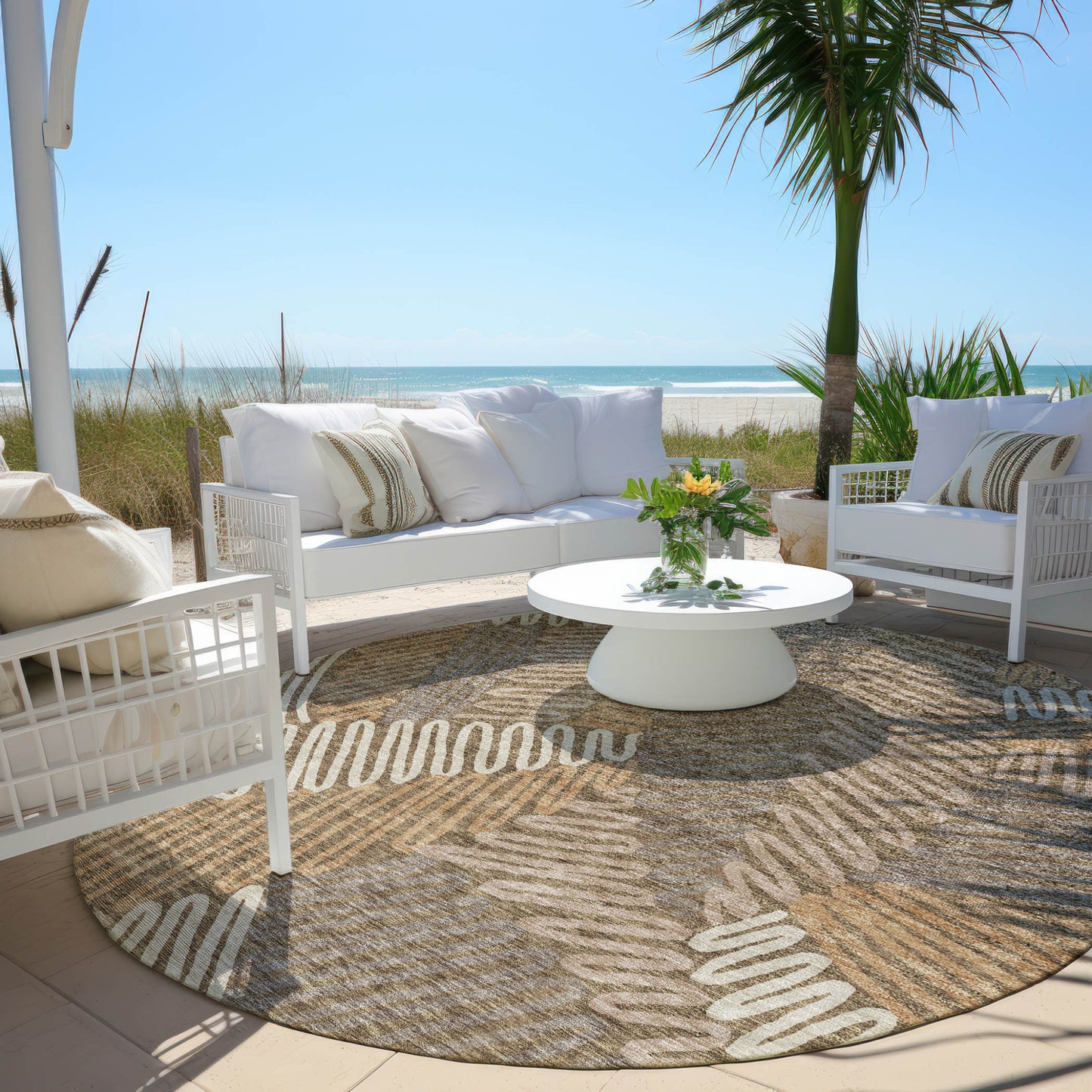 Tabselect Home Line 8' Brown And Ivory Round Floral Washable Indoor Outdoor Area Rug