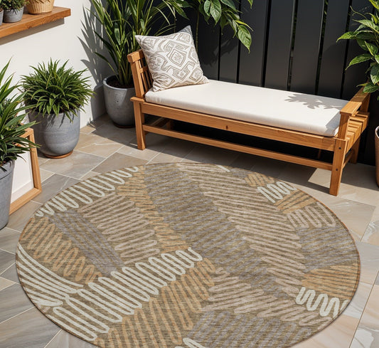 Tabselect Home Line 8' Brown And Ivory Round Floral Washable Indoor Outdoor Area Rug