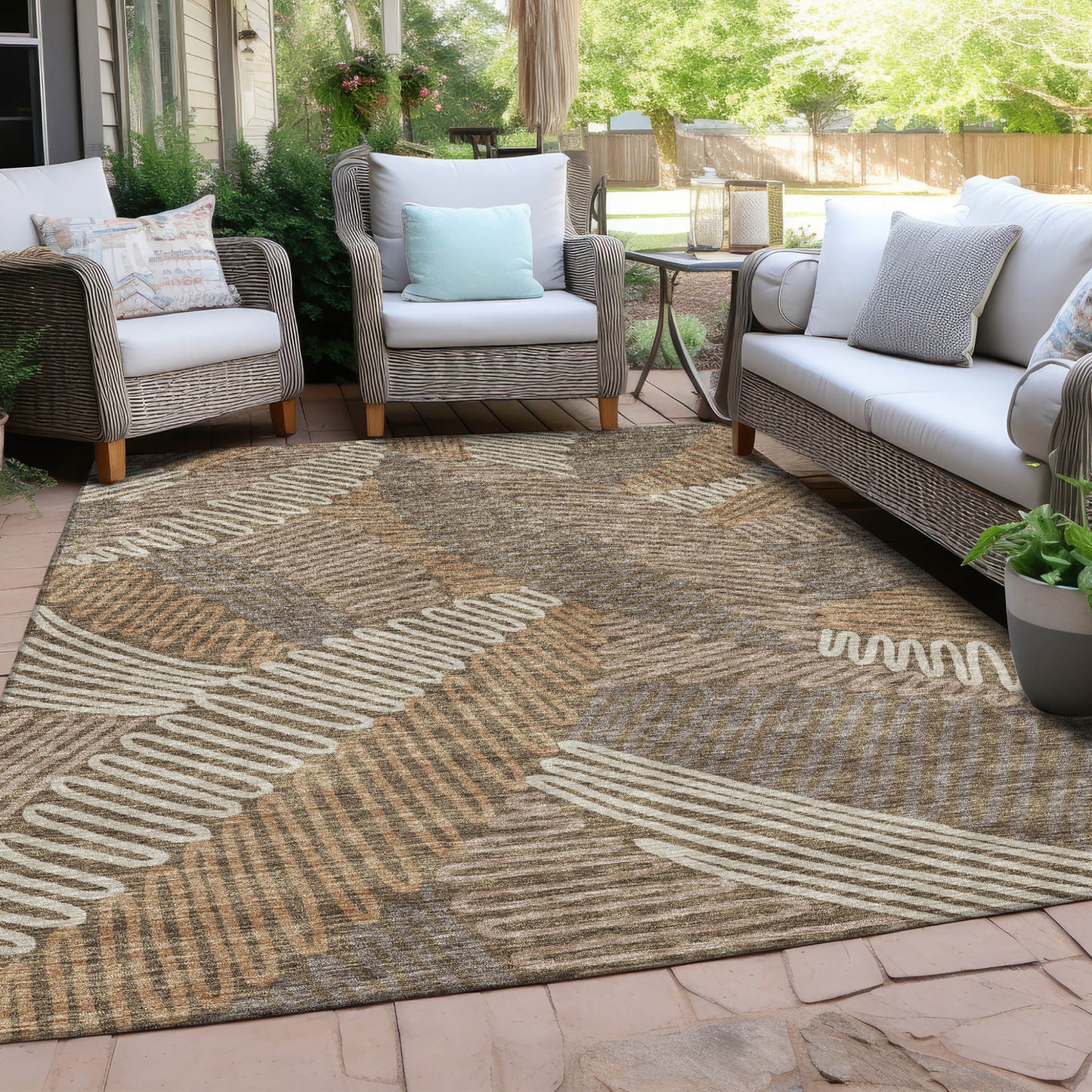 Tabselect Home Line 8' X 10' Brown And Ivory Floral Washable Indoor Outdoor Area Rug