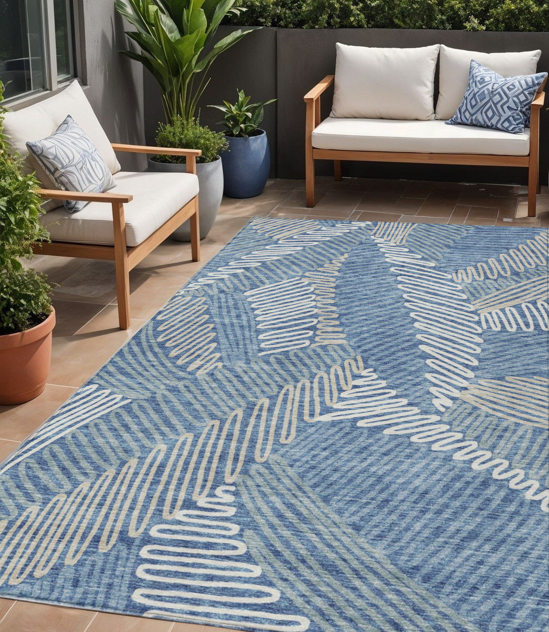 Tabselect Home Line 5' X 8' Blue Gray And Ivory Floral Washable Indoor Outdoor Area Rug
