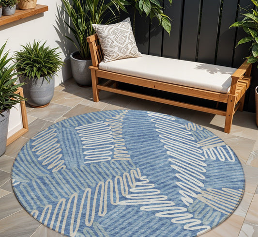 Tabselect Home Line 8' Blue Gray And Ivory Round Floral Washable Indoor Outdoor Area Rug