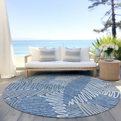 Tabselect Home Line 8' Blue Gray And Ivory Round Floral Washable Indoor Outdoor Area Rug