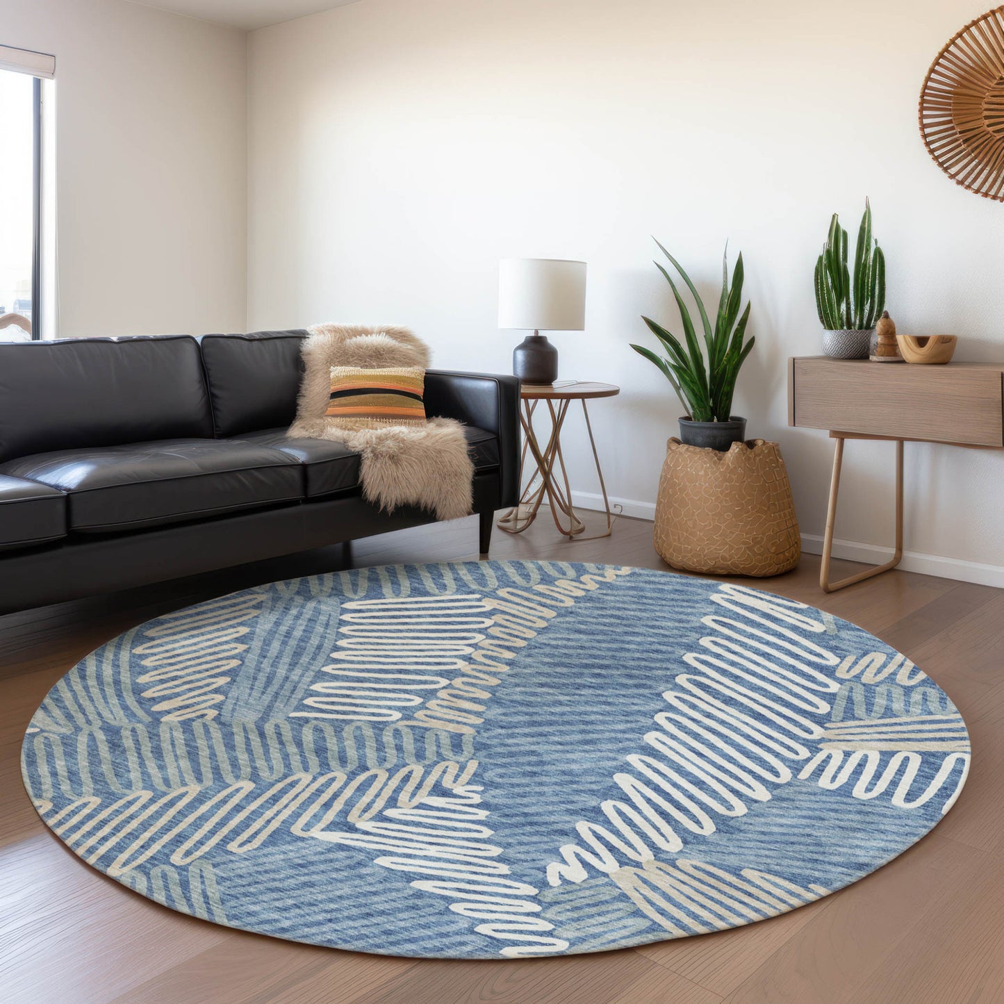 Tabselect Home Line 8' Blue Gray And Ivory Round Floral Washable Indoor Outdoor Area Rug