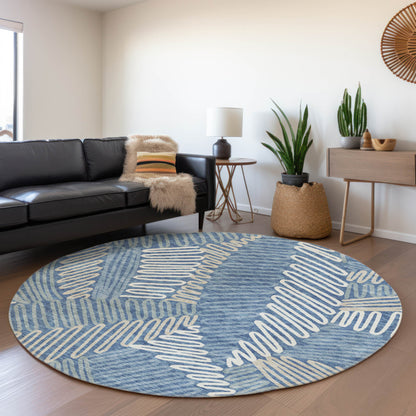 Tabselect Home Line 8' Blue Gray And Ivory Round Floral Washable Indoor Outdoor Area Rug