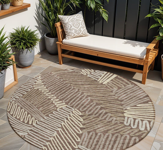 Tabselect Home Line 8' Chocolate And Ivory Round Floral Washable Indoor Outdoor Area Rug